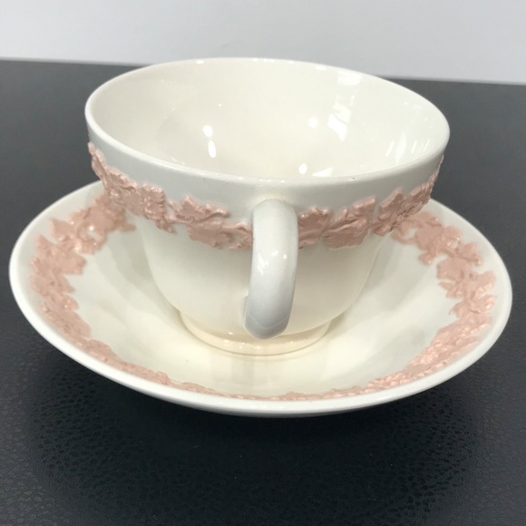 Wedgwood Etruria Embossed Queens Ware Pink on White Tea Cup Saucer Set England - Picture 9 of 16